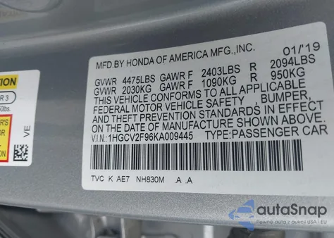 2019 Honda Accord Touring 2.0T из США, поврежденный, VIN 1HGCV2F96KA009445